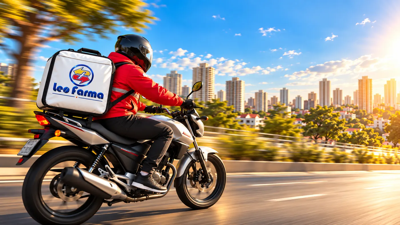 Entregador da Leo Farma de moto, com jaqueta vermelha e bag com a marca da farmácia, passando por uma avenida de Anápolis
